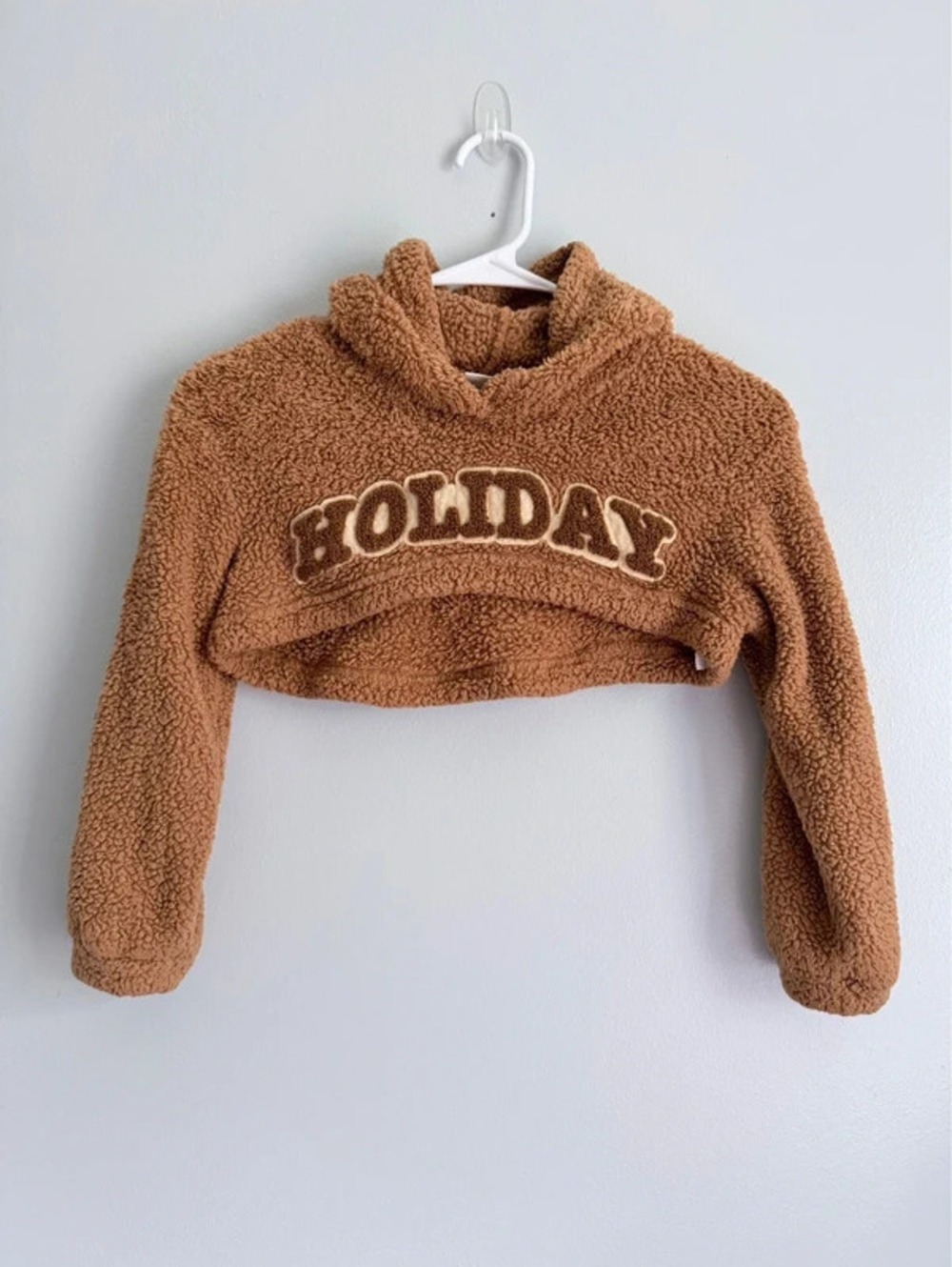 Girls Brown Sherpa Cropped Holiday Hoodie Size 8